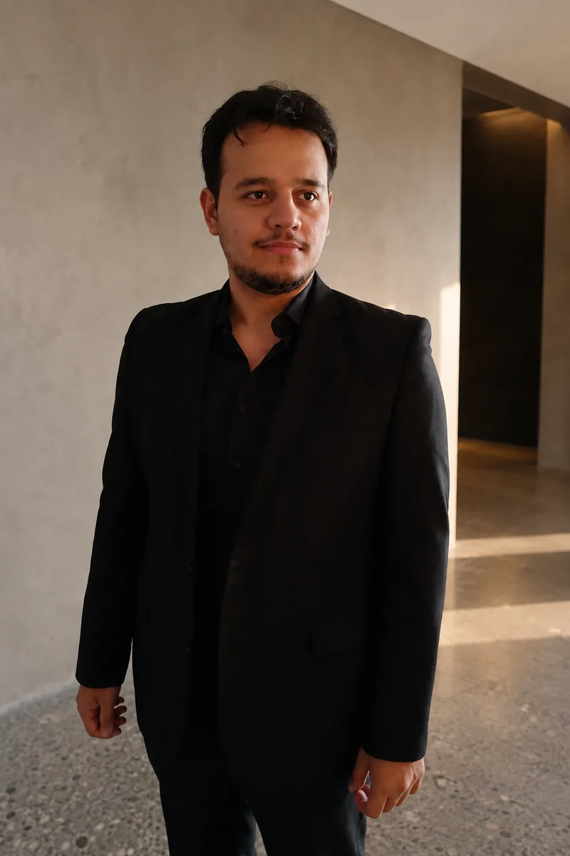 Omid Aslani Damirchi wearing a black suit in an original interior setting